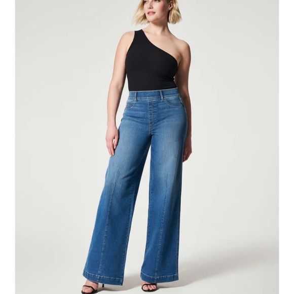 SPANX 20407T Seamed Wide Leg in Vintage Indigo Pull-on Jeans Wmn Sz L Tall NEW - Picture 1 of 4